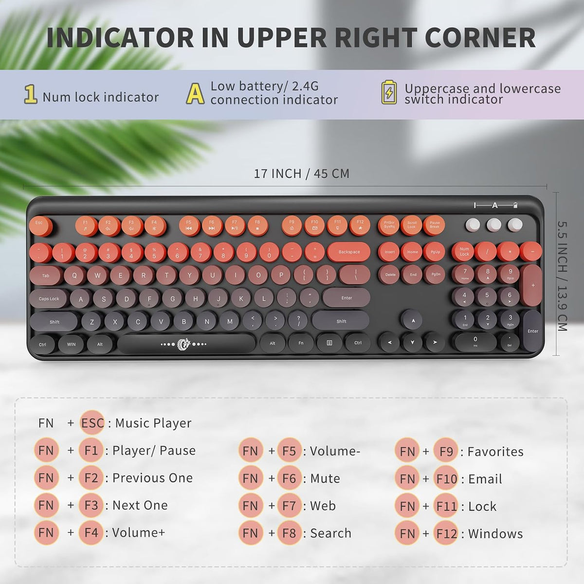 Wireless Keyboard and Mouse Combo,Retro Typewriter Style Round Keys,Orange
