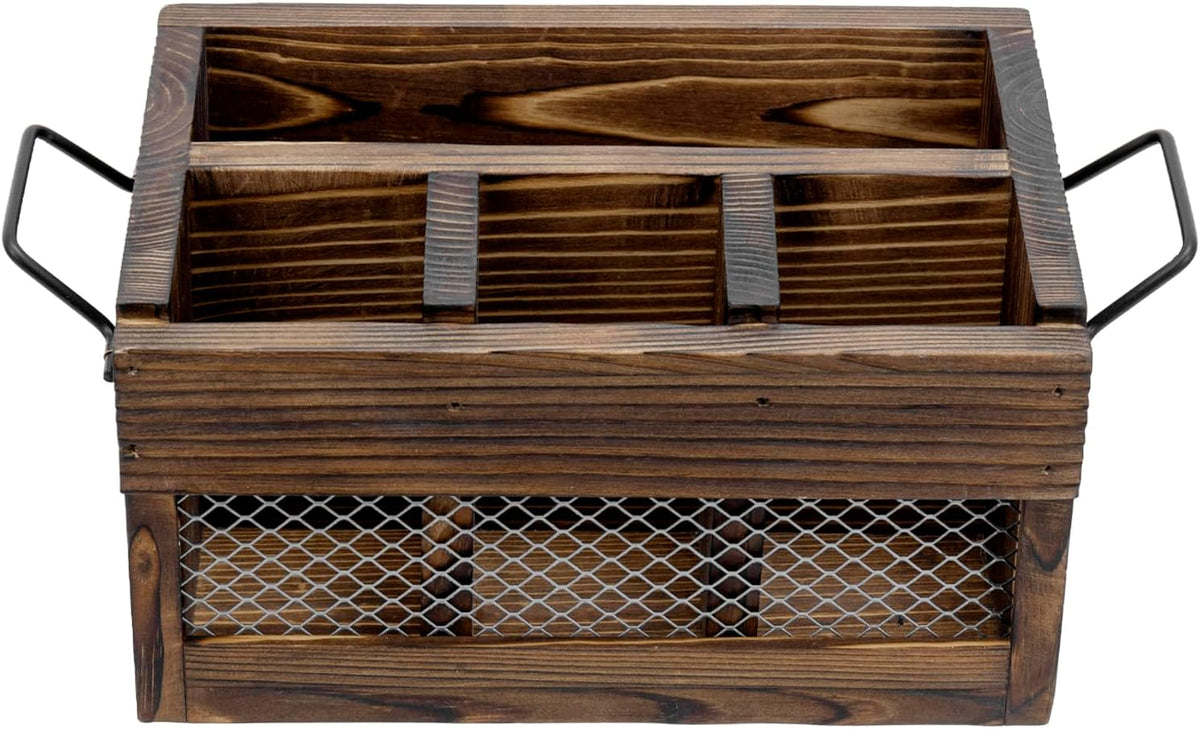 MyGift Rustic Brown Wood Utensil & Napkin Caddy with Black Metal Handles