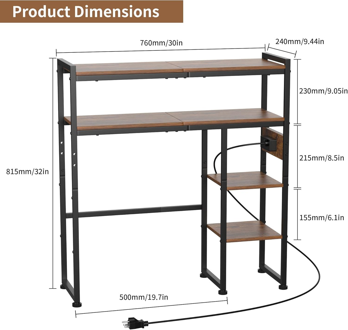 Aetheris Desktop Organizer Shelf, 30" Wooden Office Storage Rack with Outlets, Display Shelf Rack with Light Strip, 5 Tier Desktop Display Rac, Desk Shelf, Desk Hutch for Computer Monitor, Brown