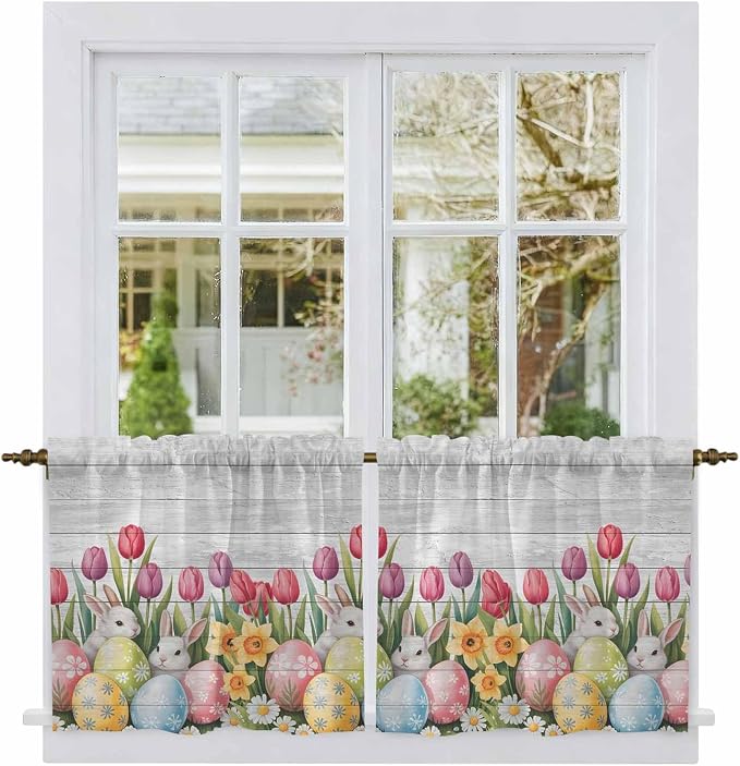 Easter Kitchen Tier Curtains 24 Inch Long 2 Panel Set, Rod Pocket Cafe Small