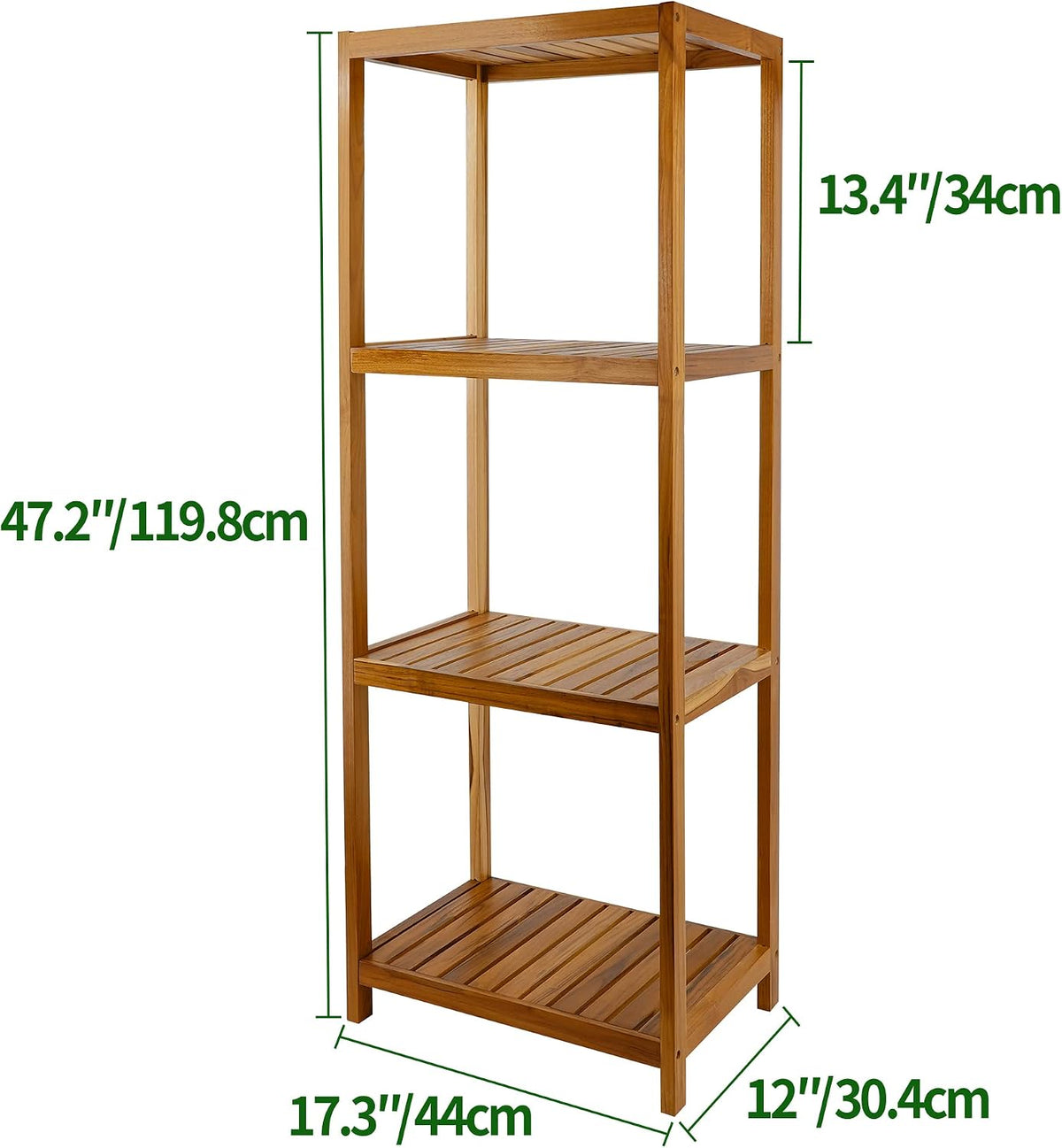 VaeFae Teak Bathroom Shelf, 4-Tier Storage Shelf, Wooden Stand Shelf Organizer for Bathroom, Kitchen, Living Room, Laundry, Garage