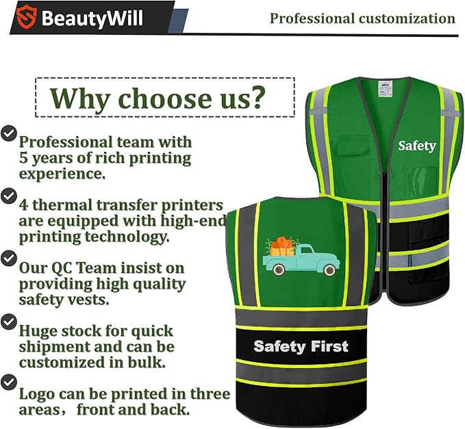 10 Pack Custom Safety Vest Customized Logo Mesh Vest Class 2 High Visibility Reflective Vest with Pockets Workwear（Green Black，XXL ）