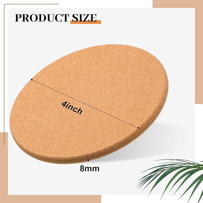 Boao 6 Pcs 4 Inch Round Absorbent Cork Coasters Wooden Cork Plant Coasters
