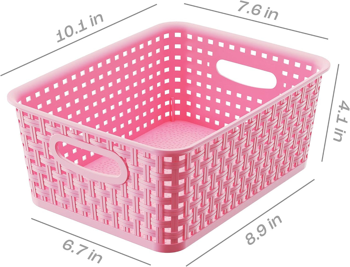 Plastic Storage Baskets/Bins, 12-Pack Stackable Pink Basket Organizer for Bathrooms, Kitchens, Countertops and Bedrooms