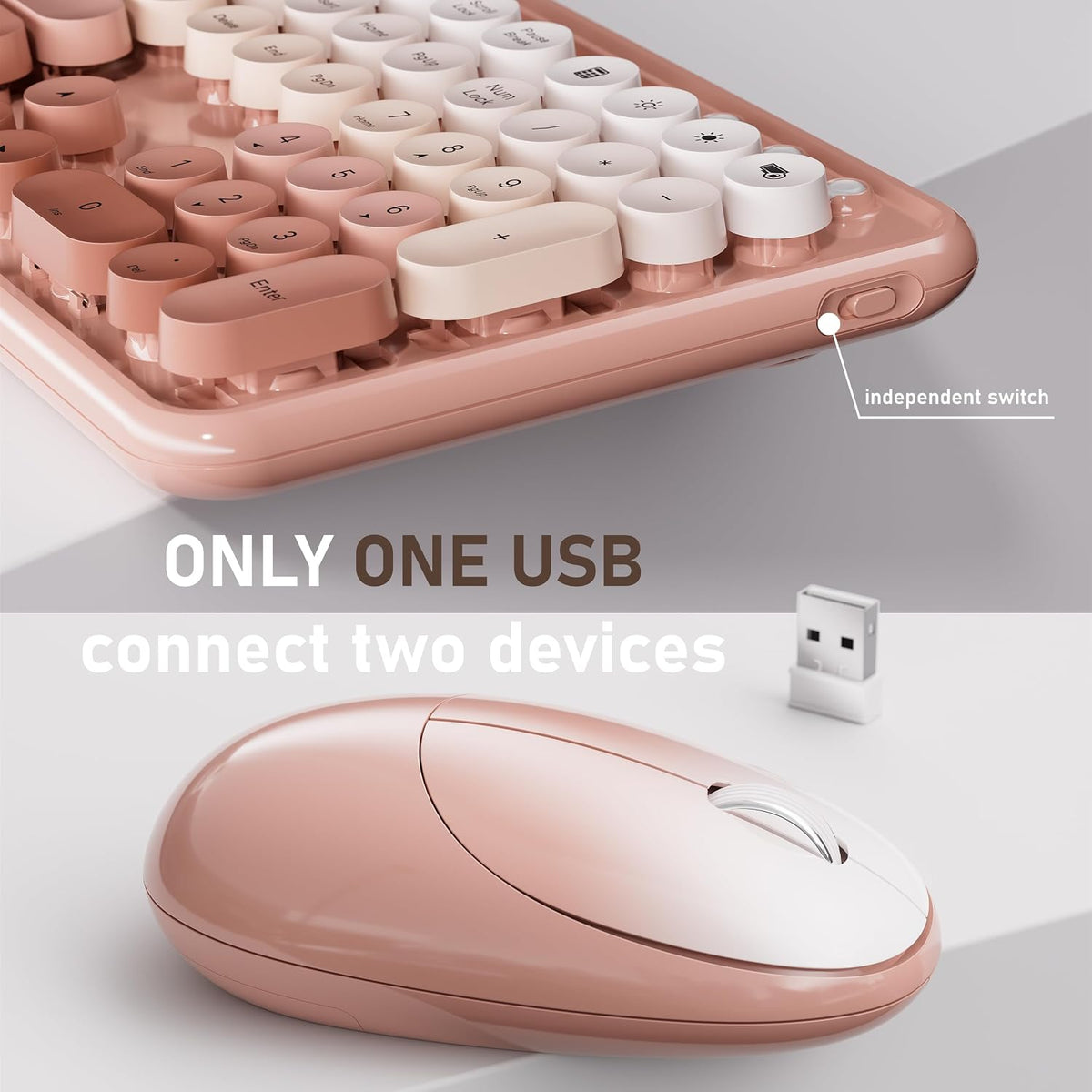 UBOTIE Wireless Keyboard and Mouse Combo, Phone Holder (Peach)
