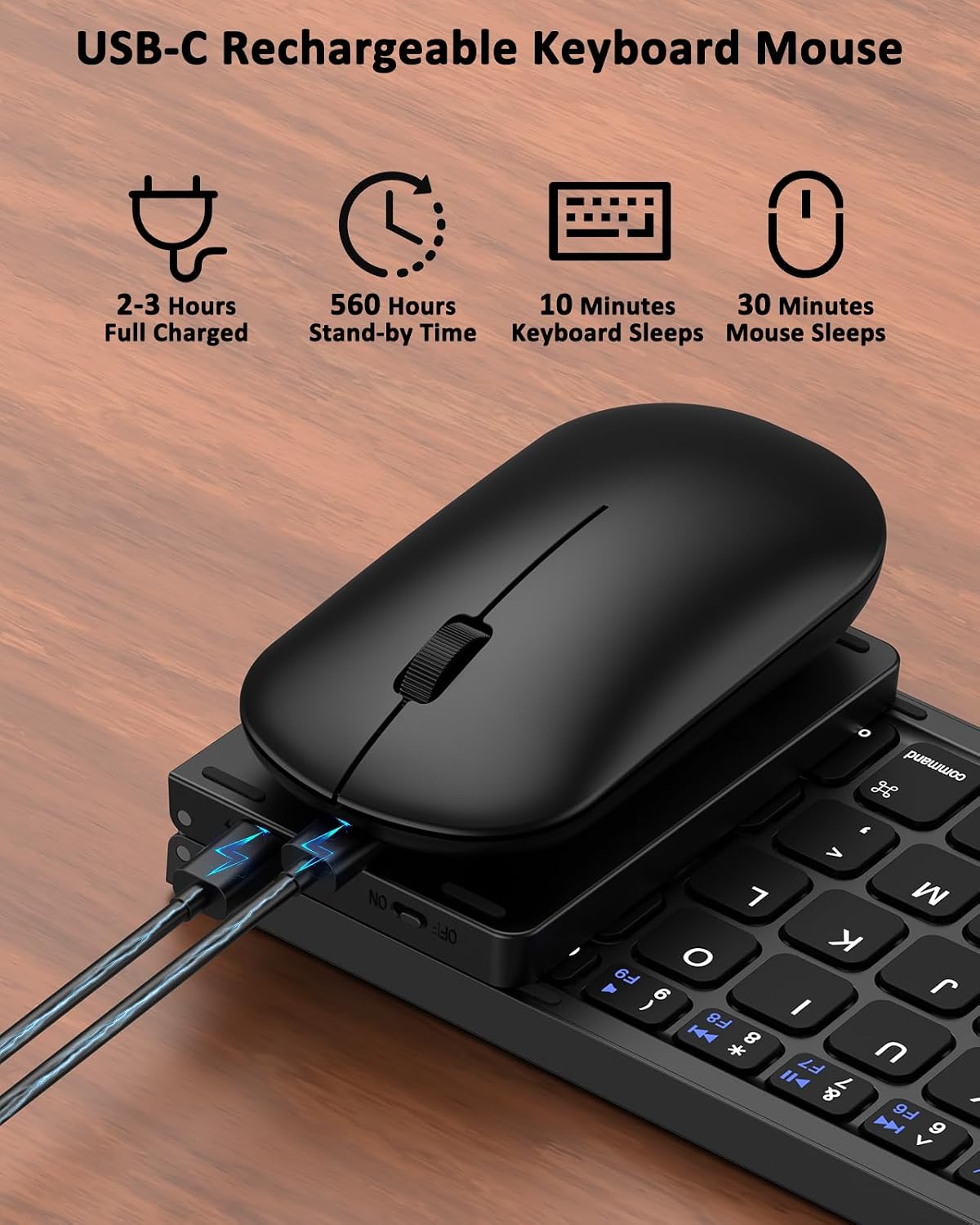 Foldable Keyboard Mouse Combo for Travel,Bluetooth/2.4G Rechargeable(Black)