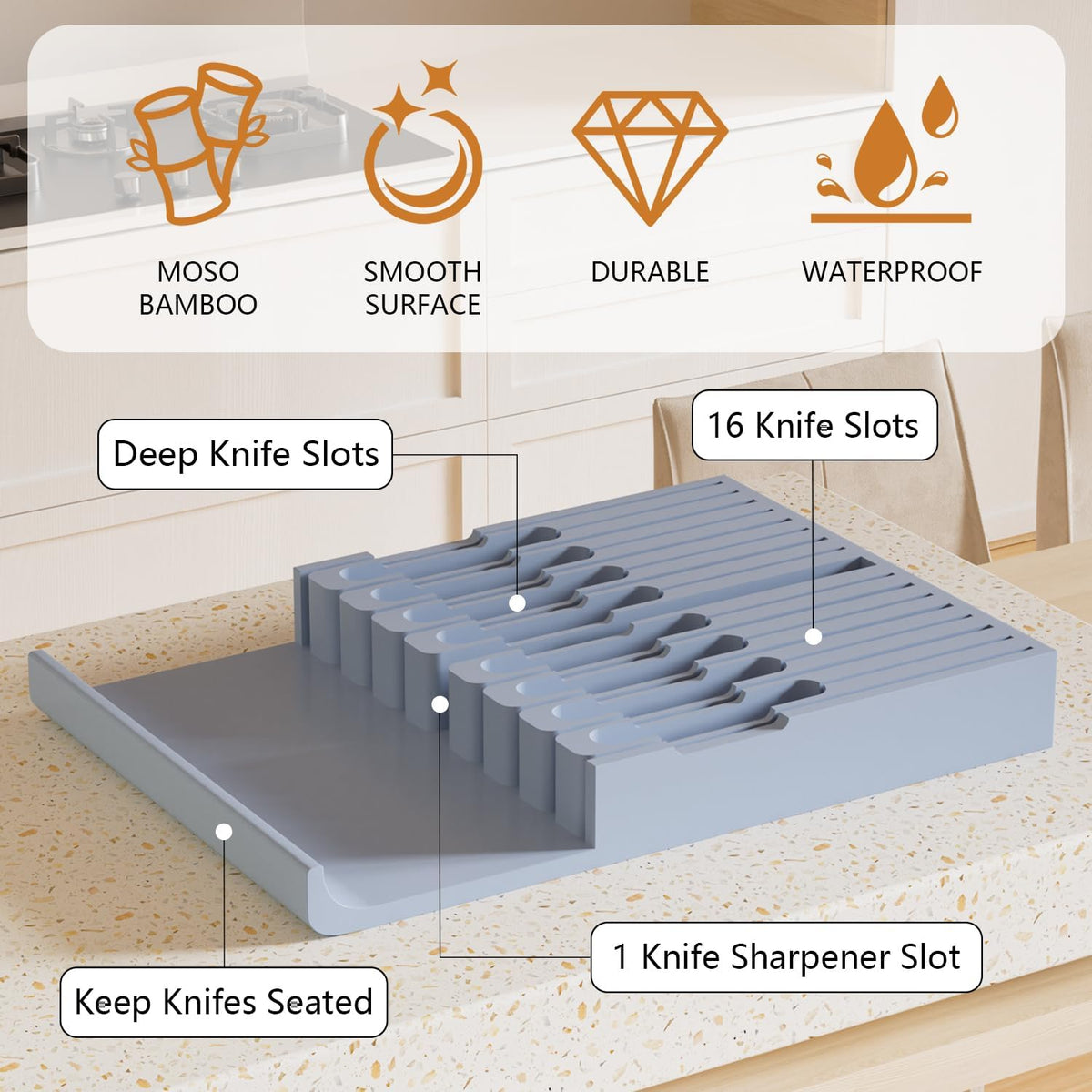 Domax Knife Drawer Organizer Insert Bamboo for 16 Knives, Gray