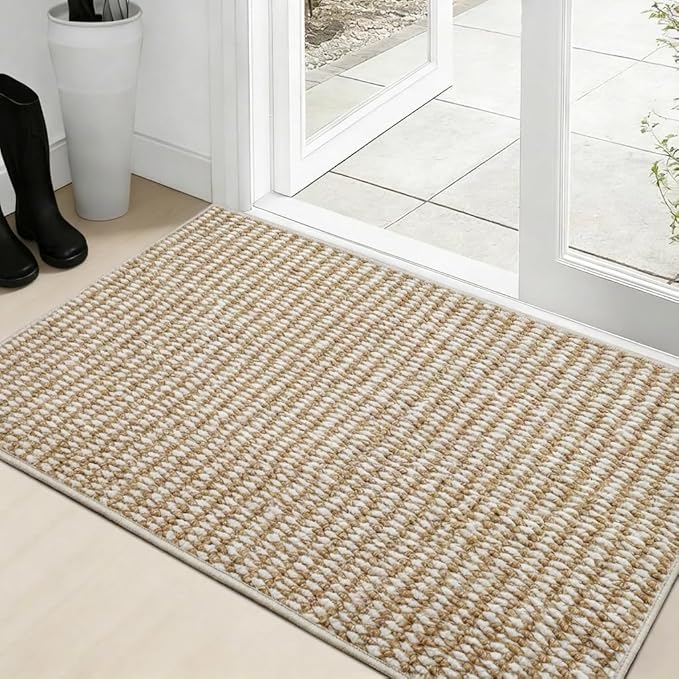 Dirt Trapping Door Mat 24x36, Taupe & White Faux Jute Entryway Rug | Low-Profile