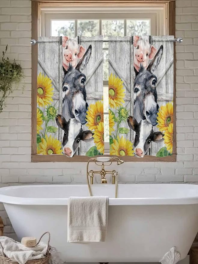 Farmhouse Kitchen Curtains 54 Inches length, Watercolor Sunflowers Animals