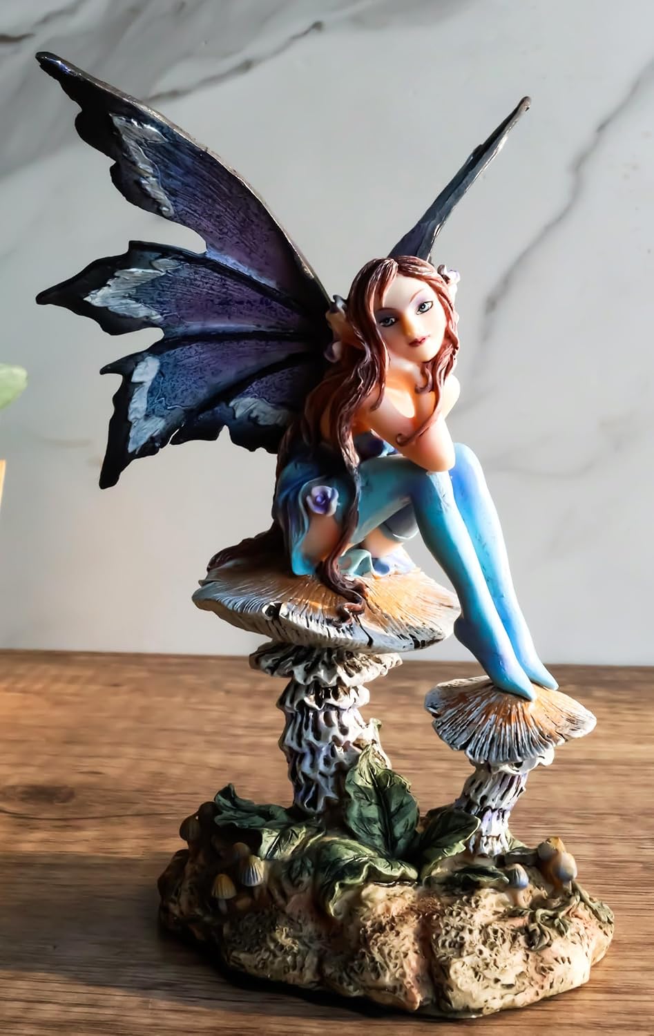 Ebros Amy Brown Forest Willow Nice Fairy Sitting On Wild Giant Mushroom Stool Statue 6" Tall Fantasy Mythical Faery Magic Watercolor Collectible Figurine