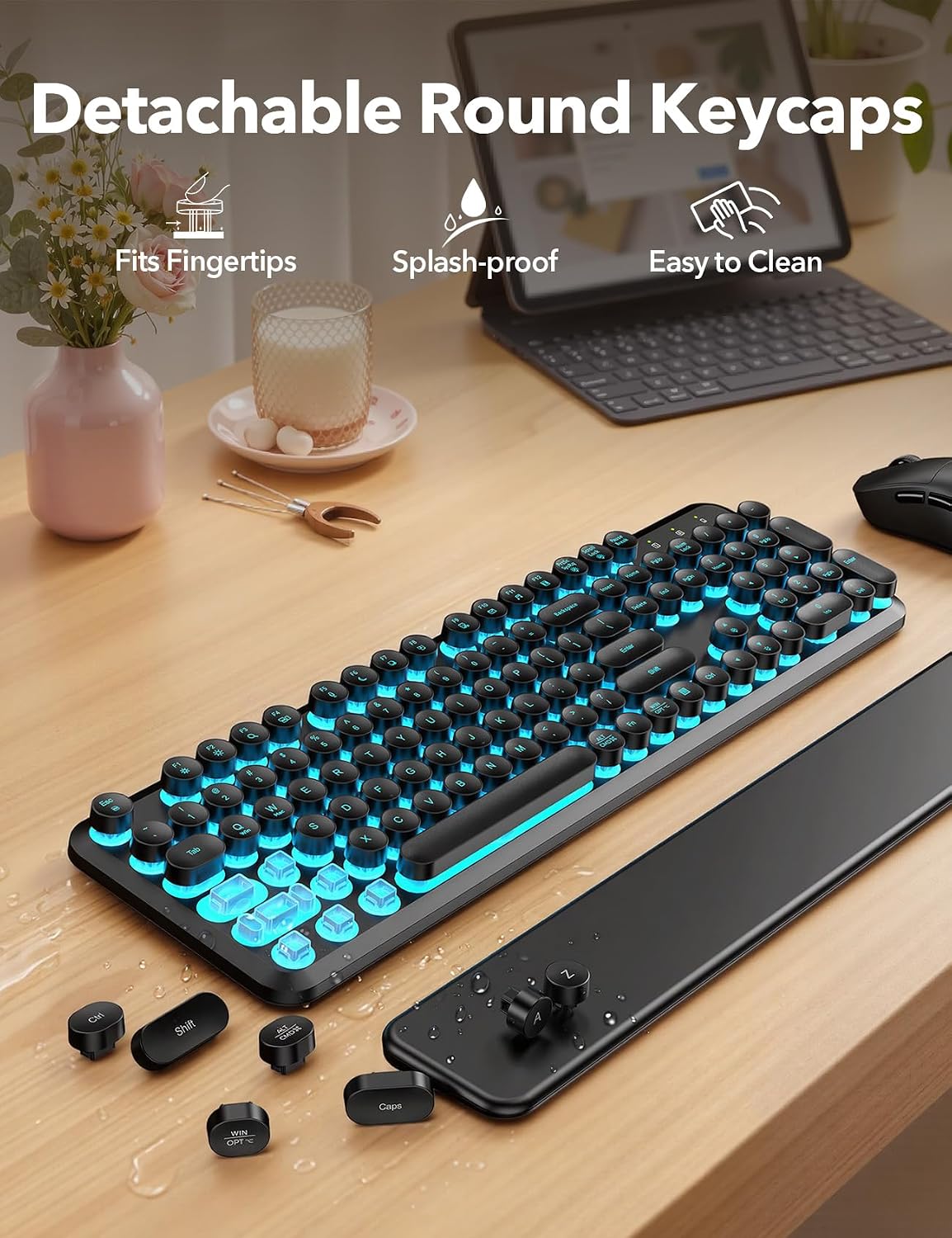 Wireless Keyboard and Mouse Backlit - Round Keycaps, Magnetic Wrist Rest