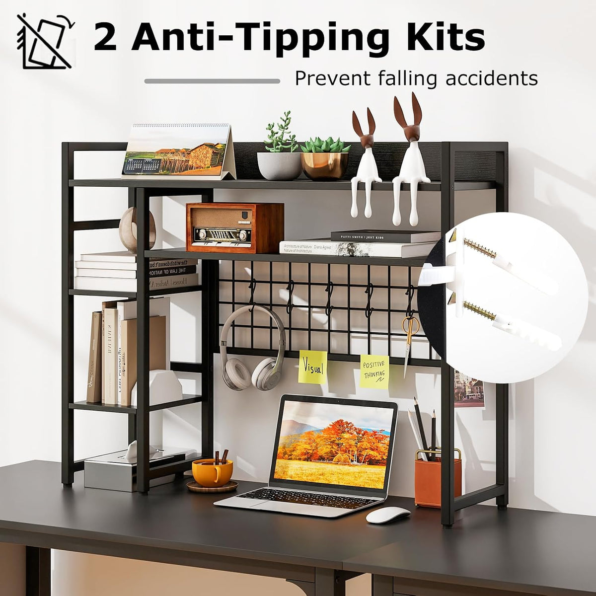 GOFLAME Desktop Bookshelf, 37 Inch Desk Shelf for Computer Monitor, 4-Tier Desk Hutch with Grid Panel 6 Hooks Set, Industrial Countertop Storage Organizer Shelf for Home Office, Dorm (Black)