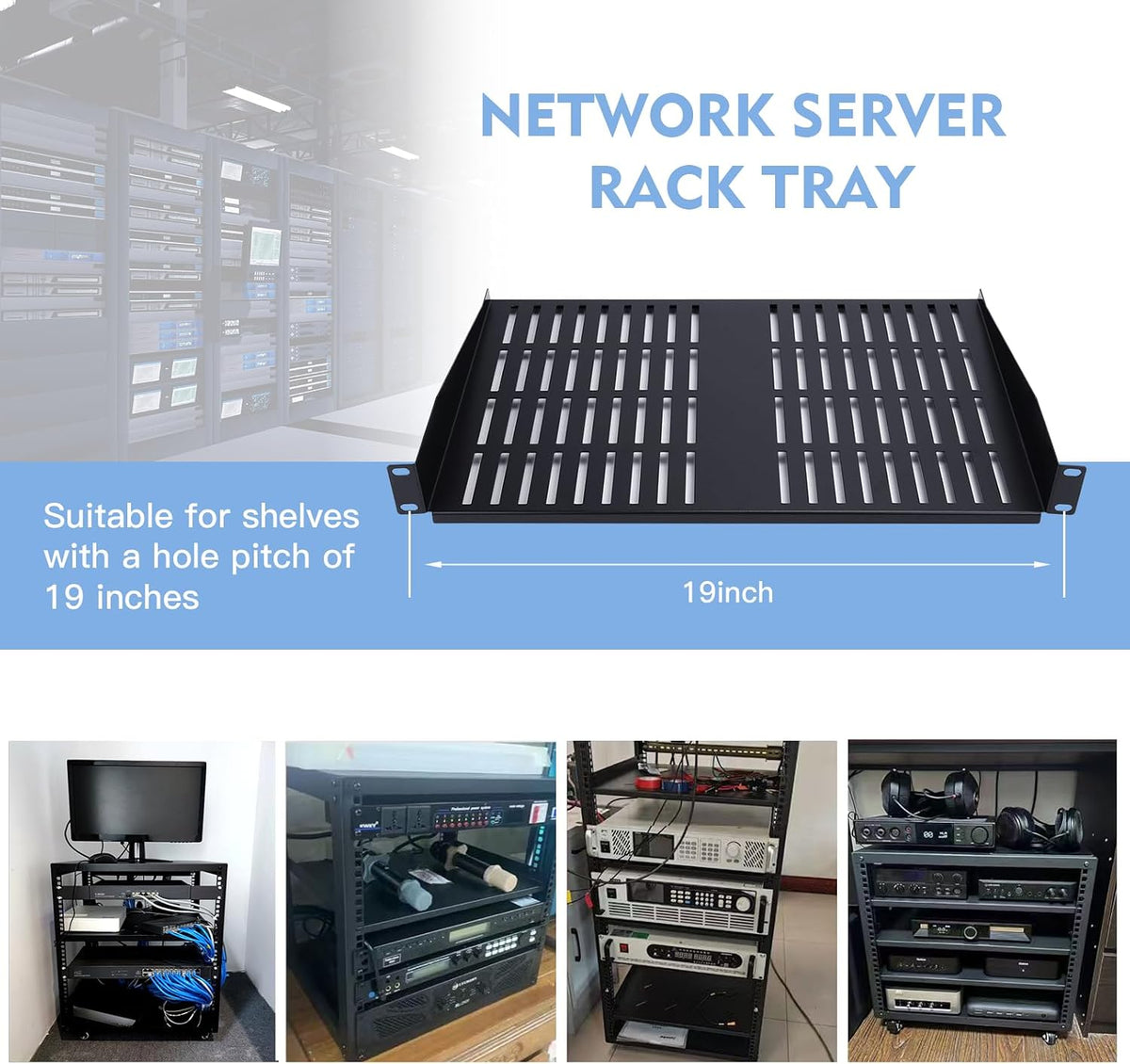 2PCS 1U Server Rack Shelf, Suitable for 19" Network Equipment Racks and Cabinets, Ventilated Cantilever Tray, Depth of 12 inches, Well-Ventilated (12")
