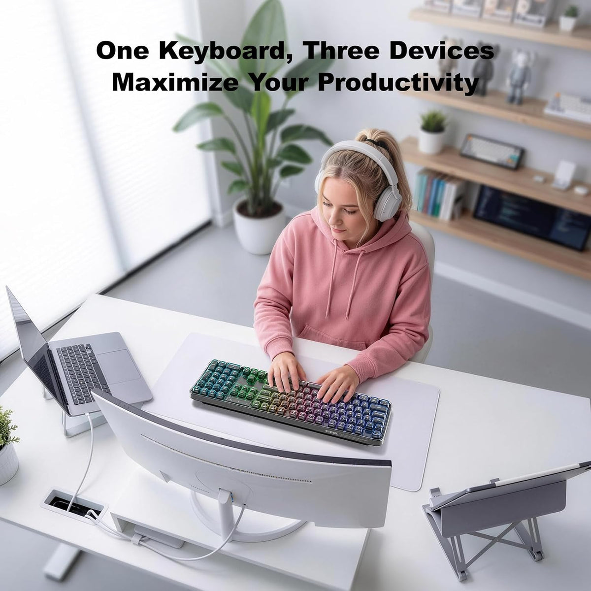 MOFII Clear Curved Ergonomic Wireless Keyboard, Tri-Mode BT5.0/2.4G/USB-C