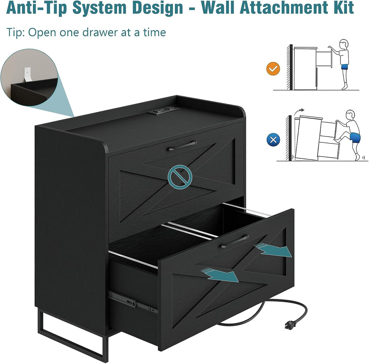 Vabches 2 Drawer Lateral File Cabinet with Charging Station, Black