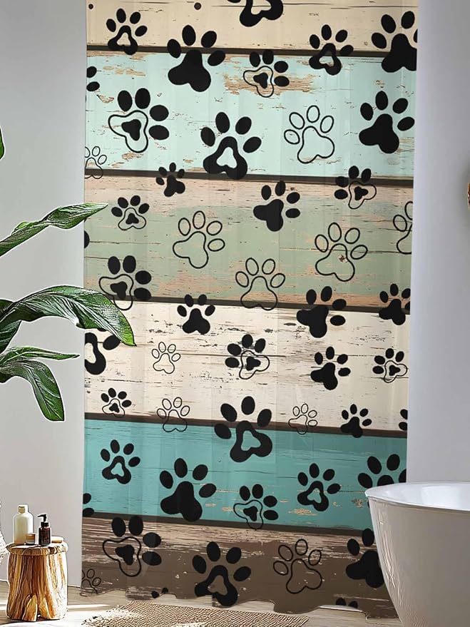 Sheer Curtains 84 Inches Long, Sage Green Brown Paw Prints Semi Sheer Curtains