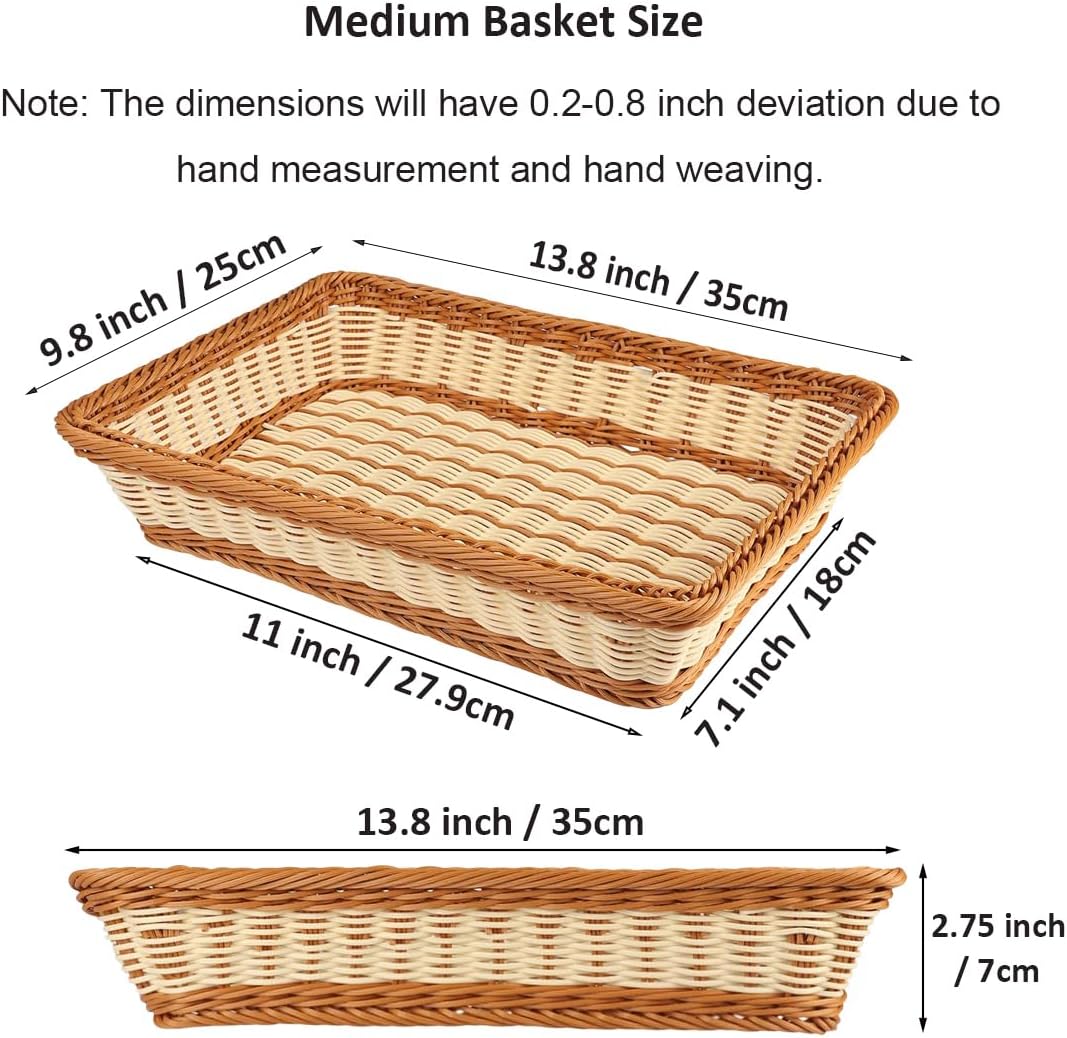 RT&BS 2pcs Wicker Bread Basket for Serving, Wicker Fruit Basket, Display Baskets for Vegetable Fruit, Reusable Handwoven Serving Baskets for Kitchen, Store, Restaurant, Outdoor (Bicolor, M)