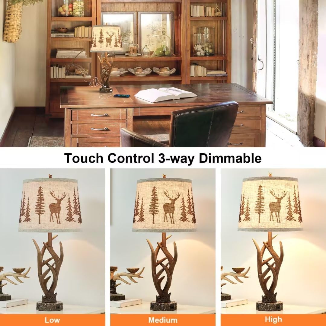Dungoo 26" Rustic Antler 3-Way Dimmable Table Lamp Set of 2 with 2 USB Port