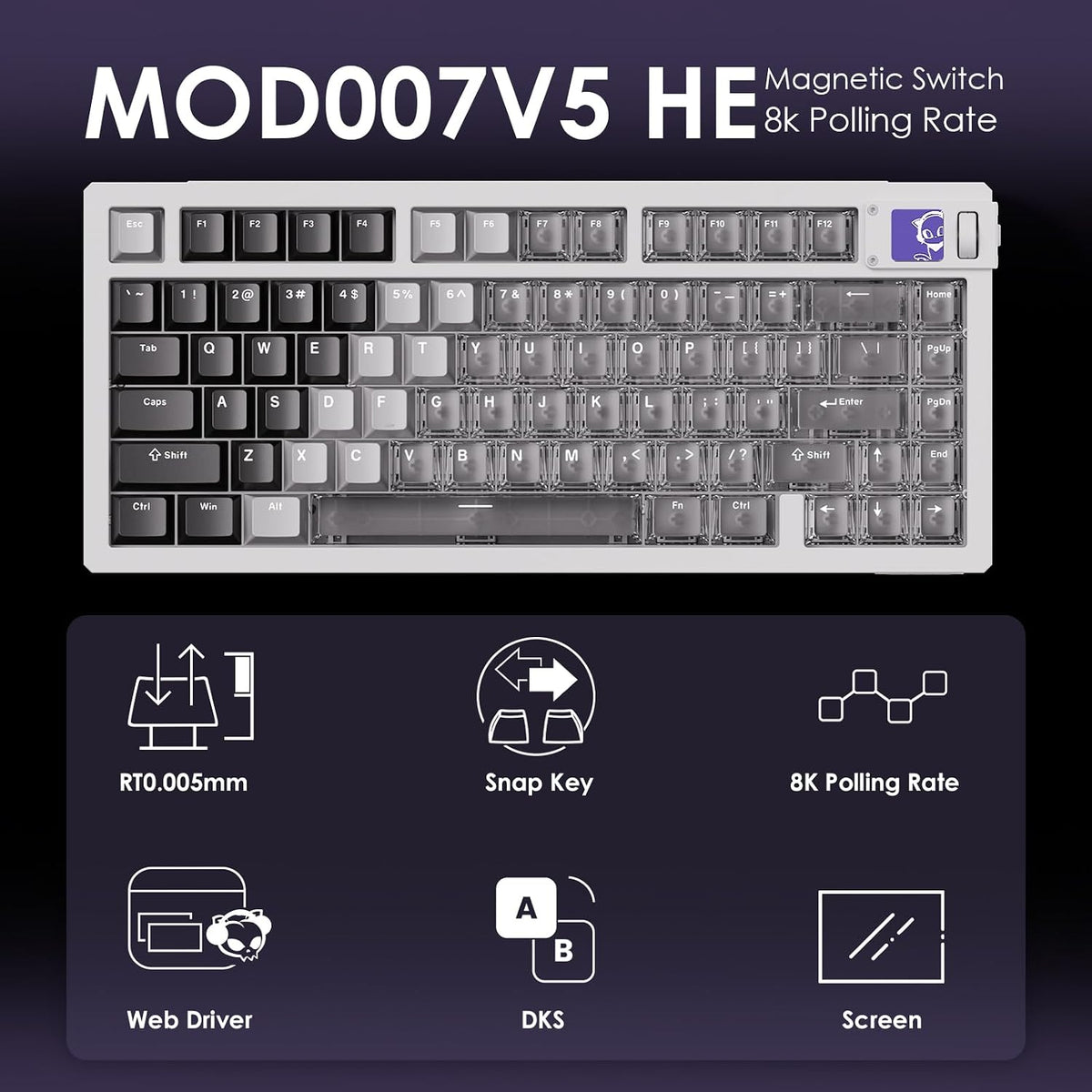 Akko MOD007 V5 HE Wired Rapid Trigger Gaming Keyboard Quick Release Aluminum Wired Keyboard with Personalized Screen FR4 Plate White, Astrolink Switch