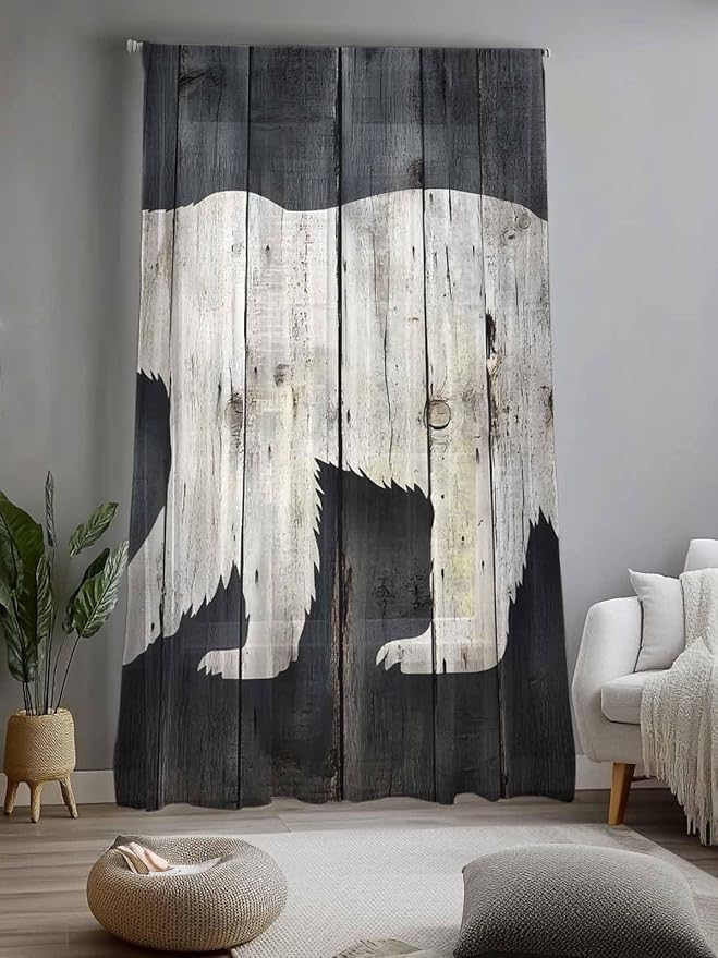Sheer Curtains 96 Inches Long, Rustic Counrty Vintage Wood Grain Privacy Voile