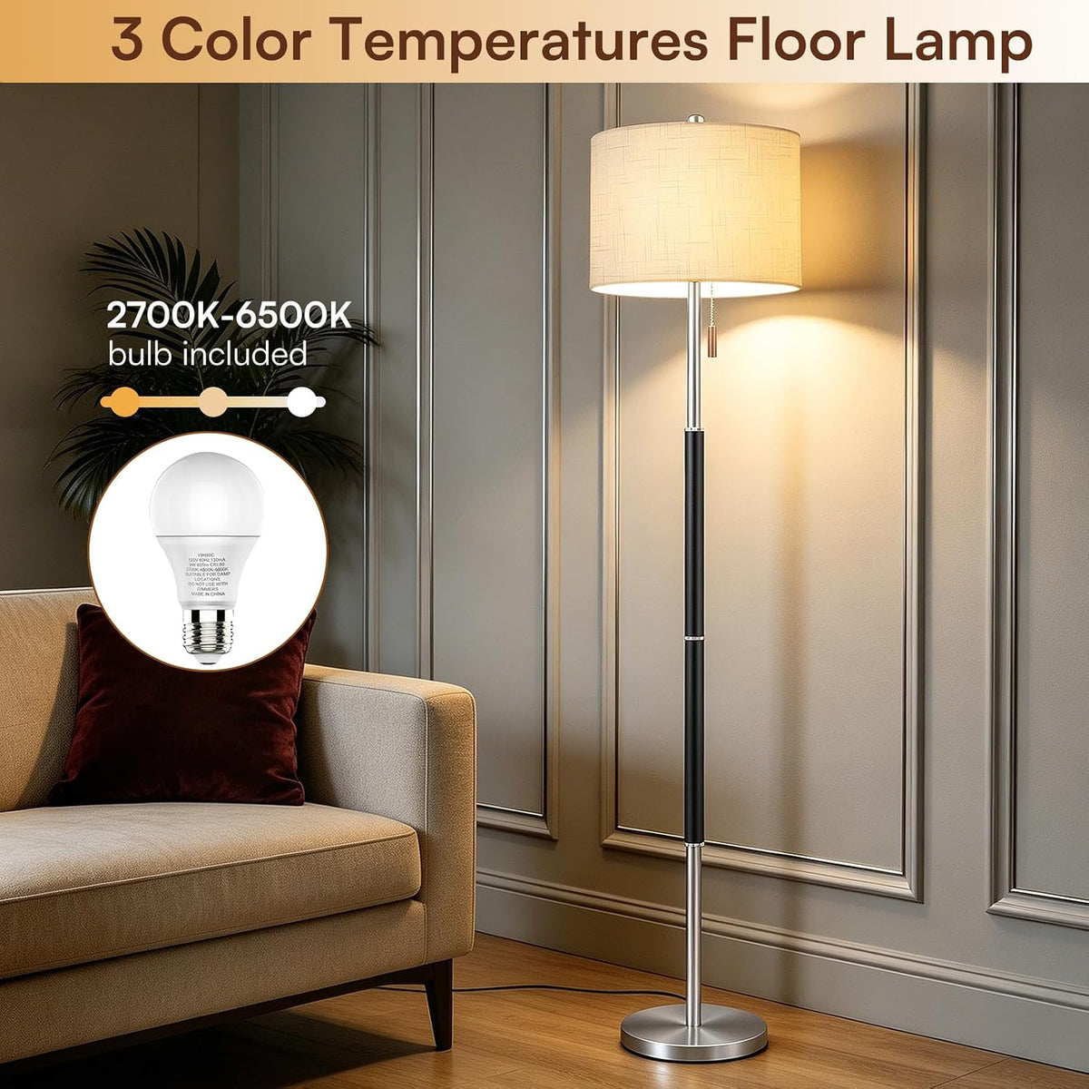 Black Floor Lamp with 13.2" Linen Shade and 3 Colors for Living Room