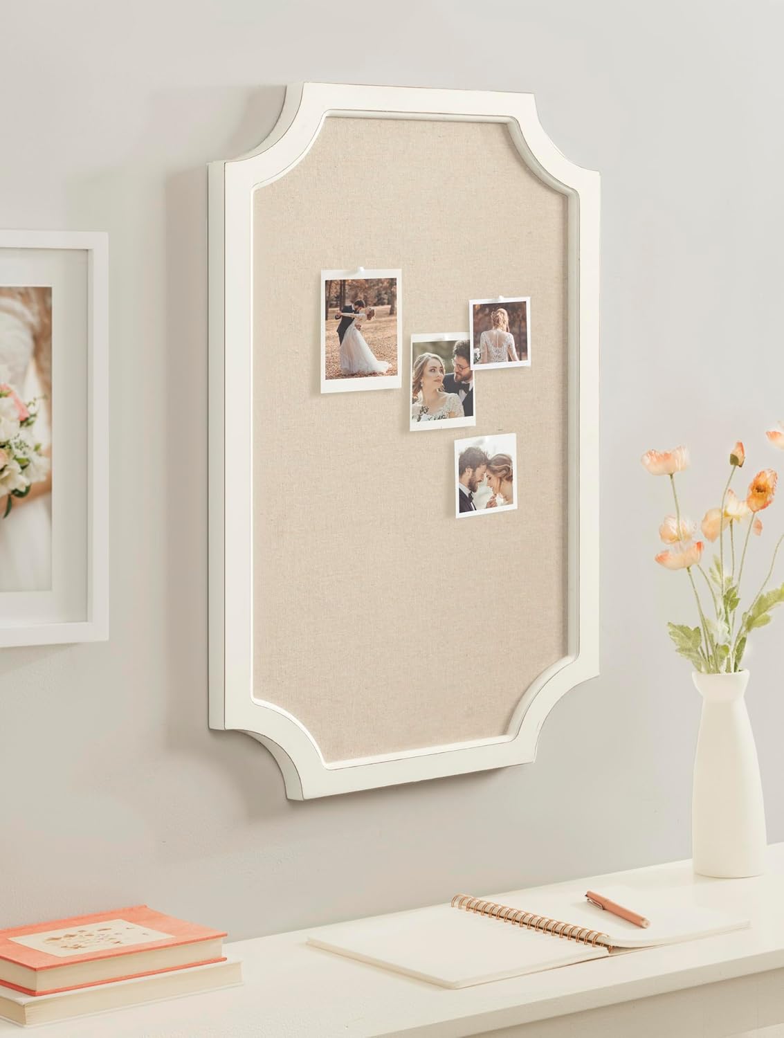 Hogan Framed Scalloped Decorative Wall Pinboard; White; 18 x 30; Rustic Modern Farmhouse Bulletin Board for Wall Organization and Decorative Displays