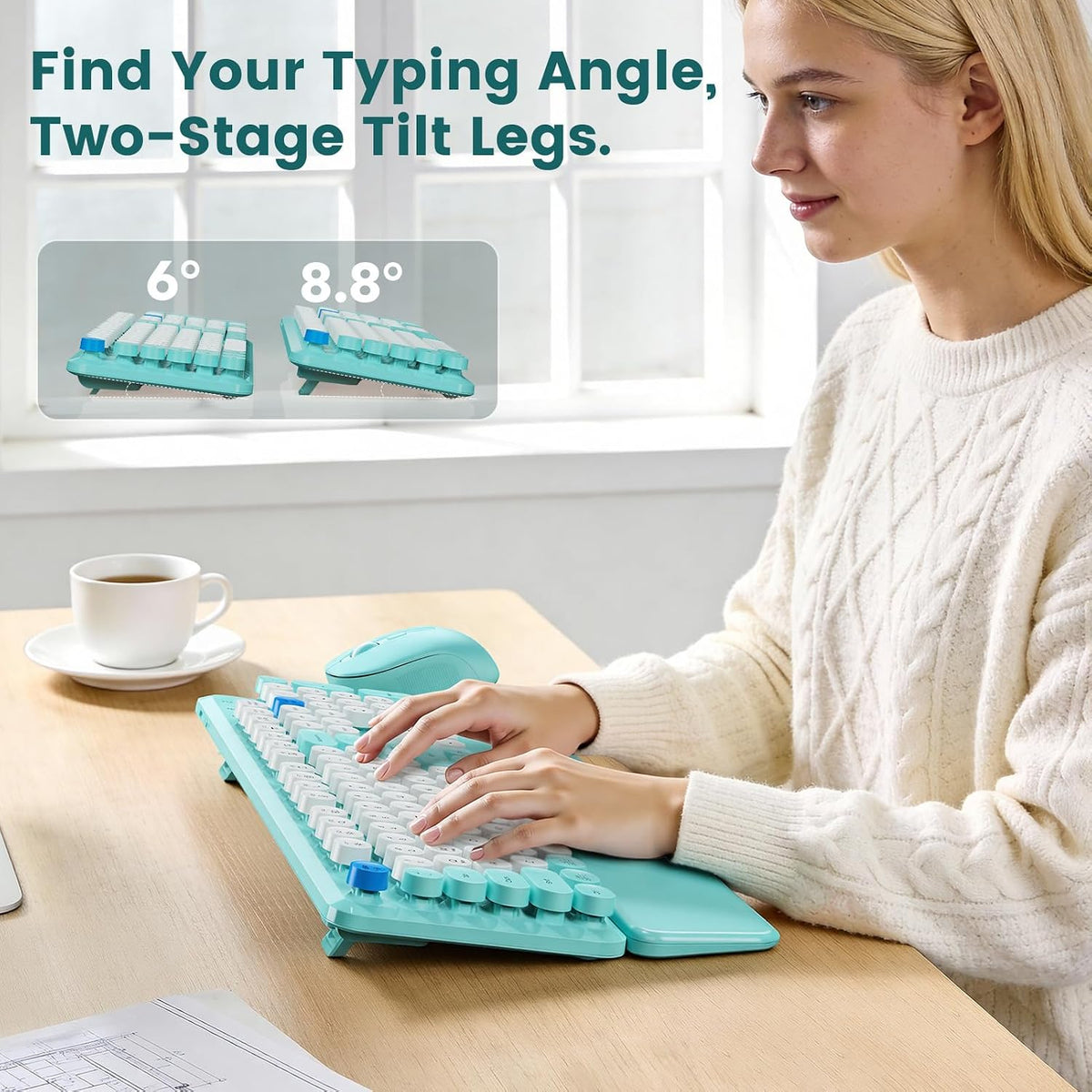 Wireless Keyboard Mouse Combo, Magnetic Wrist Rest, Round Keycap, Aqua Blue