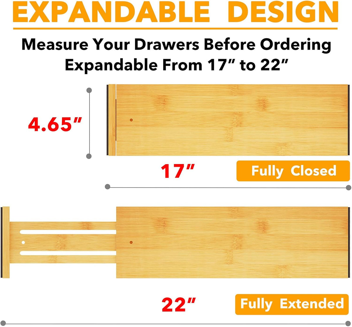 SpaceAid Bamboo 4 Pack Dresser Drawer Dividers, 4.65“ High Adjustable 17“-22” Drawer Organizers, Expandable Organization for Clothing, Clothes, Dressers, Natural