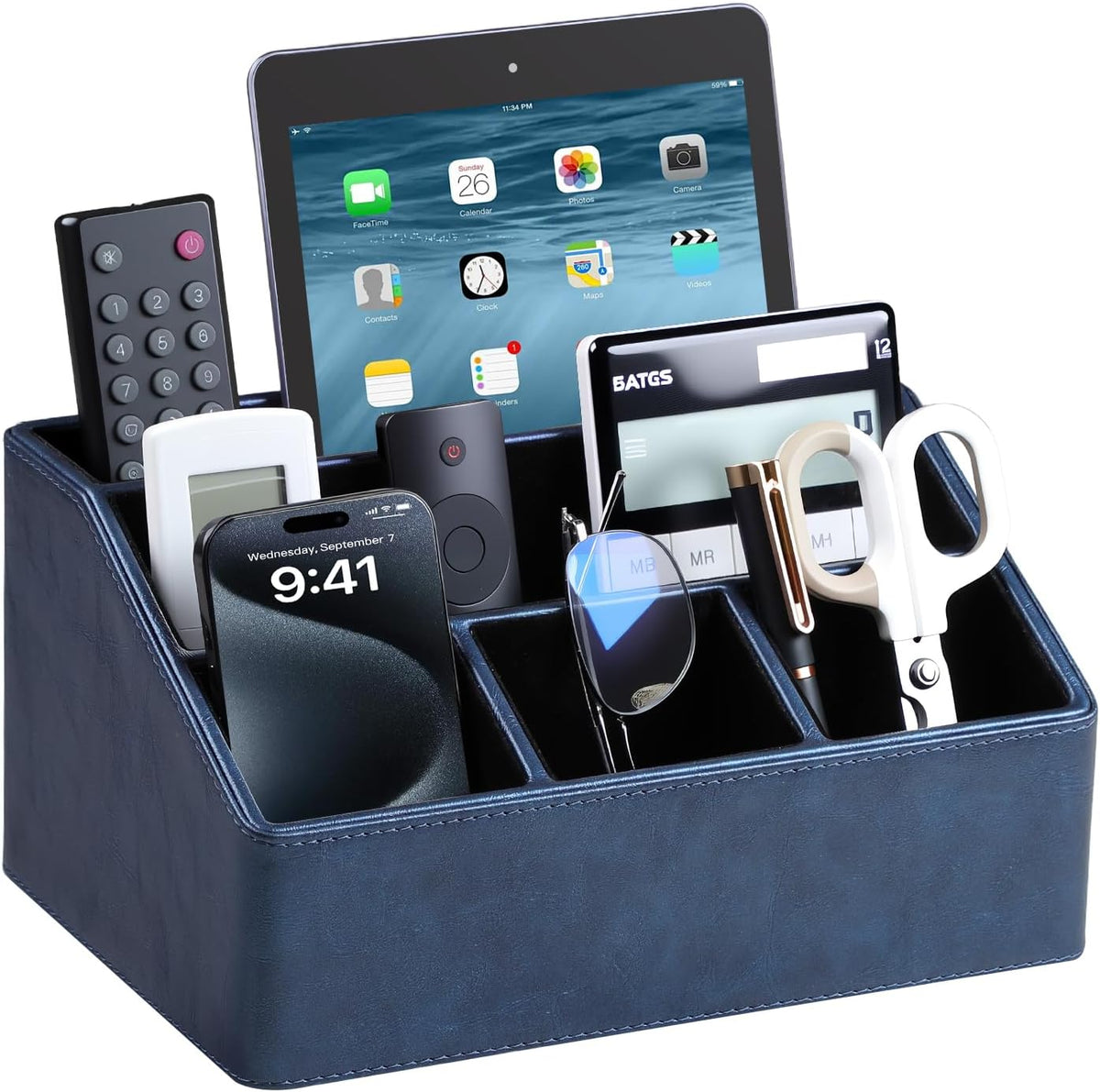 PU Leather Desk Organizer, Remote Control Holder (Dark Blue)
