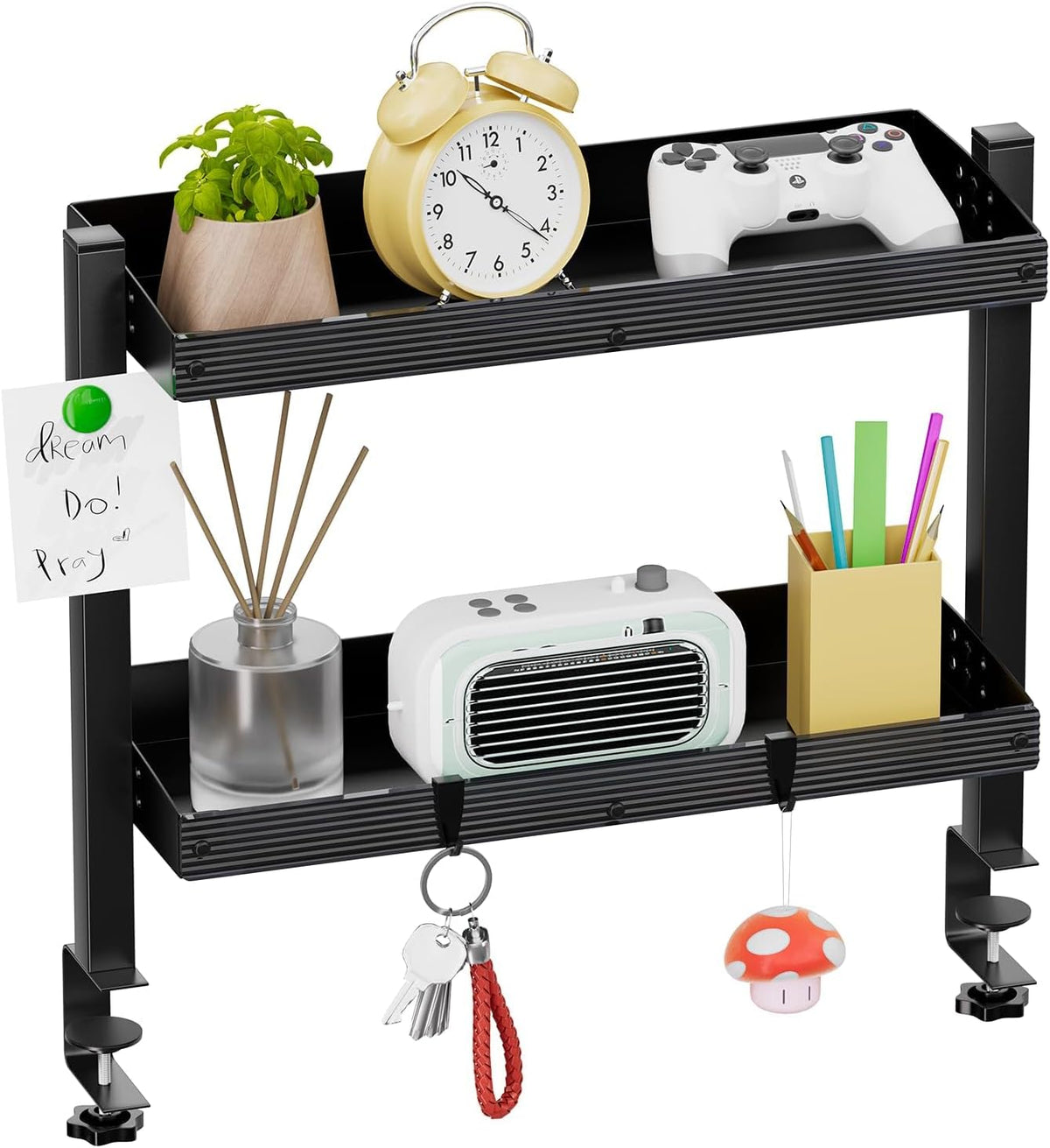 17 inch Adjustable 2-Tier Clamp On Desk Shelf with Hooks