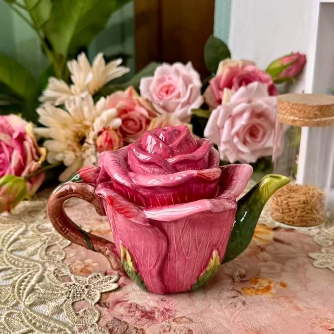 Ceramic Rose Tea Pot Set, 3D Hand-painted Rose Red Flower Cup and Green Leaves