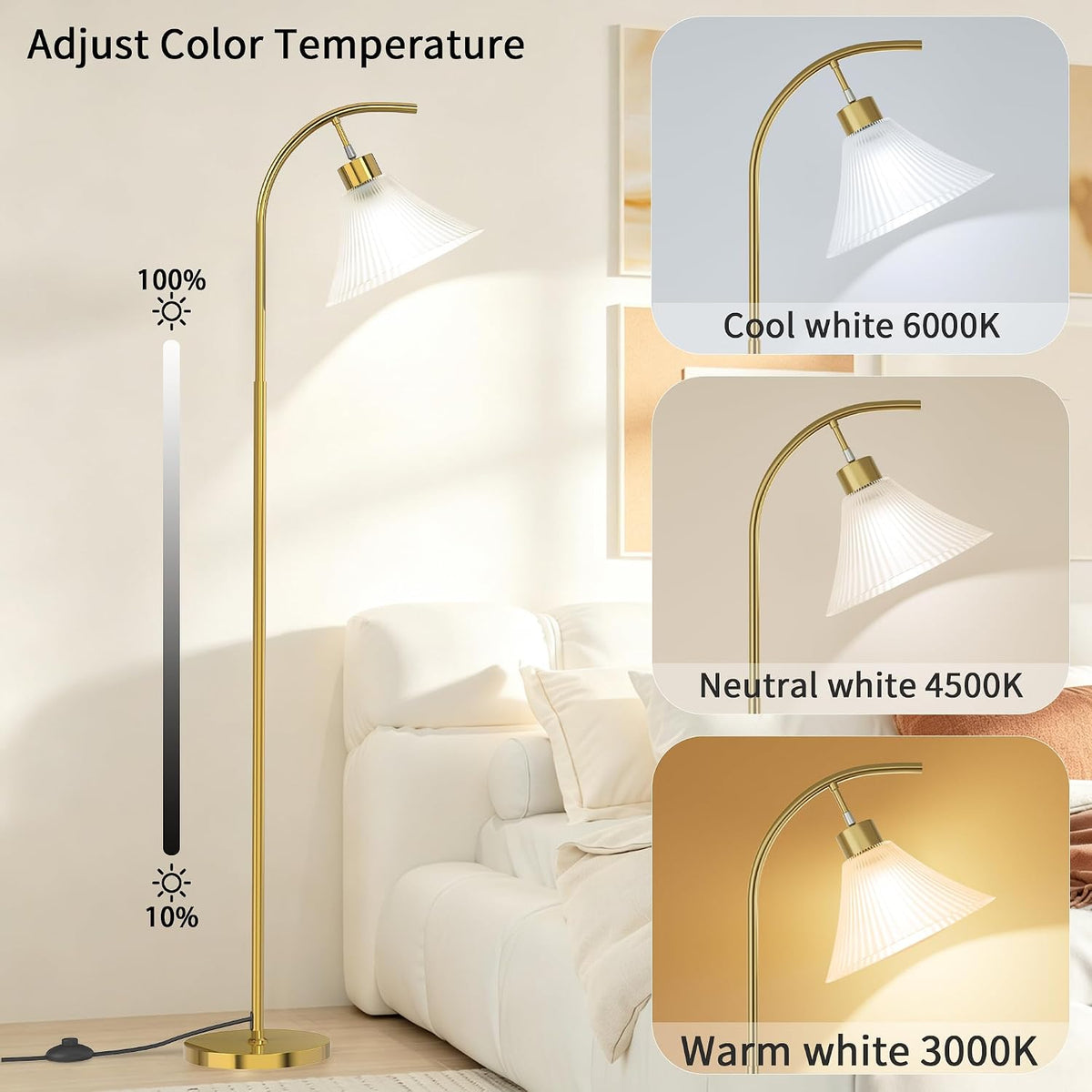 SIBRILLE Gold Floor Lamp with Remote, Dimmable Glass Arc Standing Lamp, Ribbed Frosted Glass Shade, 3 Color Temperatures, Foot Switch, 9W LED Bulb for Living Room Bedroom Office