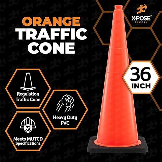 Xpose Safety 36 Inch Orange Traffic Cones Heavy Duty 12lb, Bulk Half Pallet 125-Pack - Multipurpose PVC Plastic Safety Cone for Parking, Soccer, Caution, Kids and Construction - DOT Approved