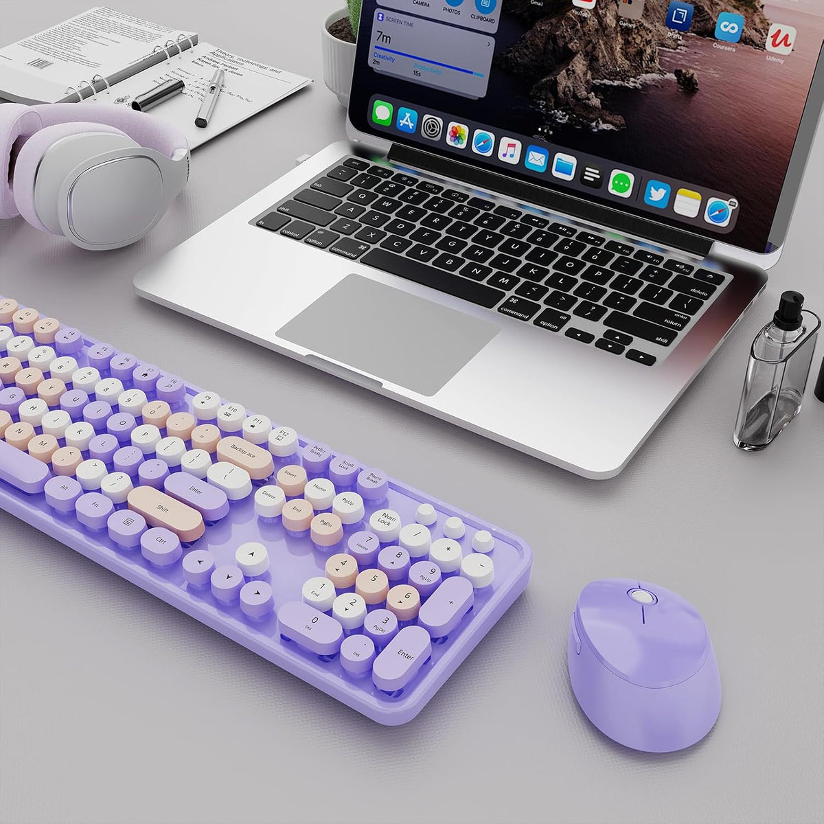 SkyGive Wireless Keyboard and Mouse Combo, Ergonomic Full Size Typewriter Retro Round Keycaps Keyboard, Compatible with Windows, PC, Perfer for Home and Office Keyboards (Lavender Purple