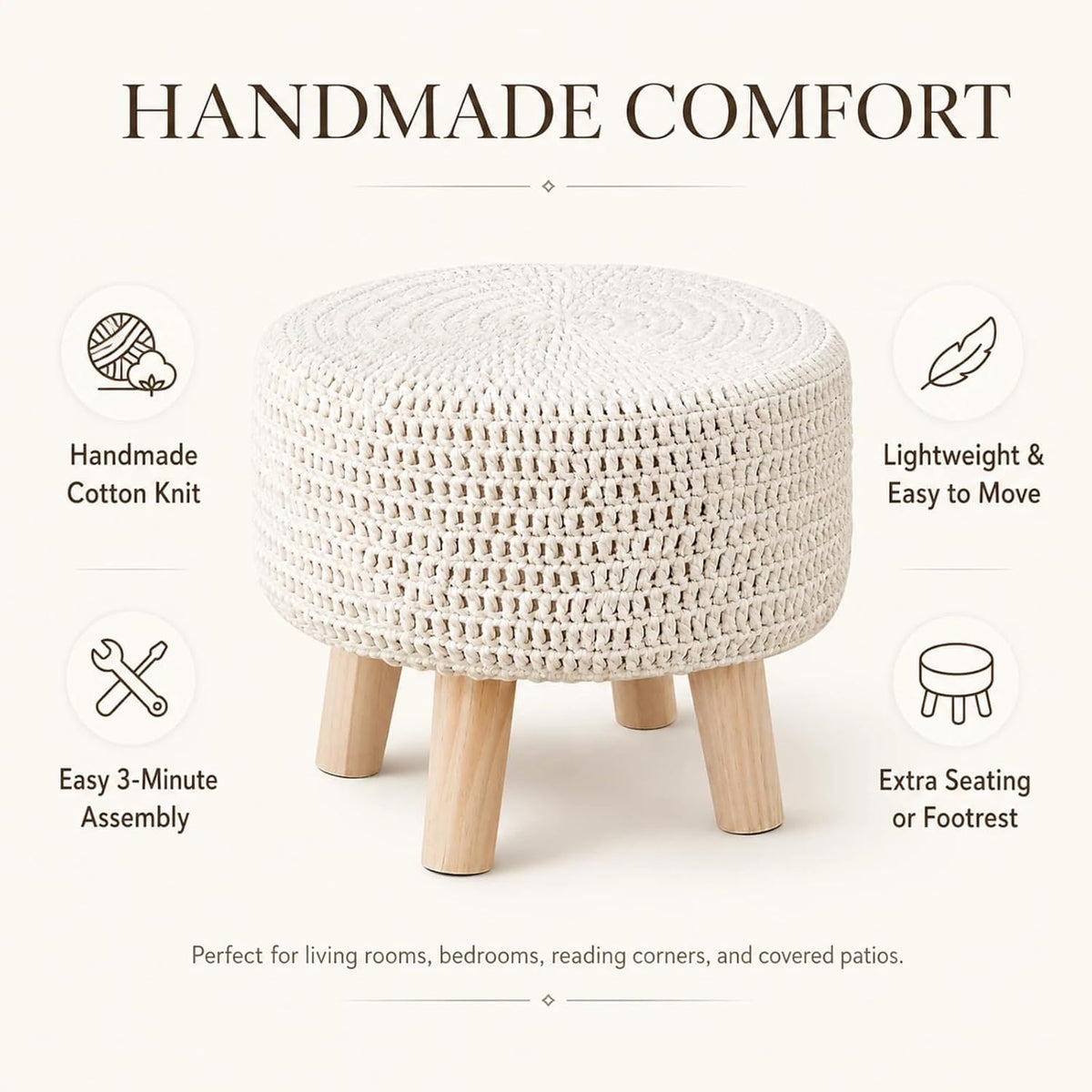 13" Round Handmade Cotton Knitted Boho Small Ottoman with Non-Skid Wood Leg