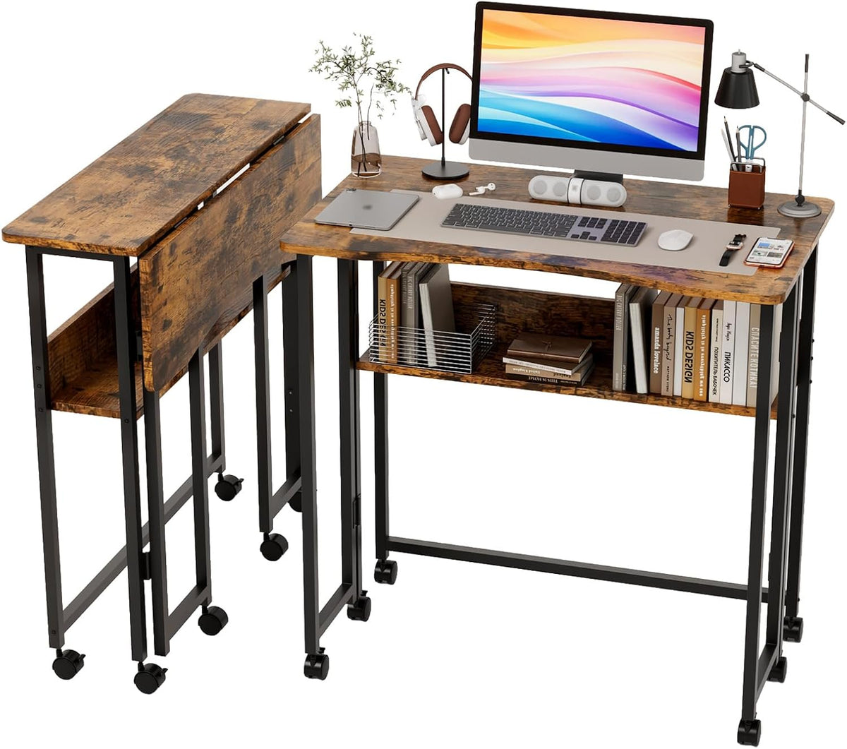 VINGLI 31.5 Inch Folding Computer Table, Small Rolling Desk with Storage Shelf, Space-Saving Sofa Table for Couch, Portable Writing Workstation Office Computer Desk, Brown