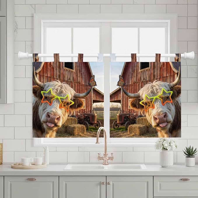 Farm Yaks Kitchen Curtains 24 Inch Length, Small Window Curtains Tab Top