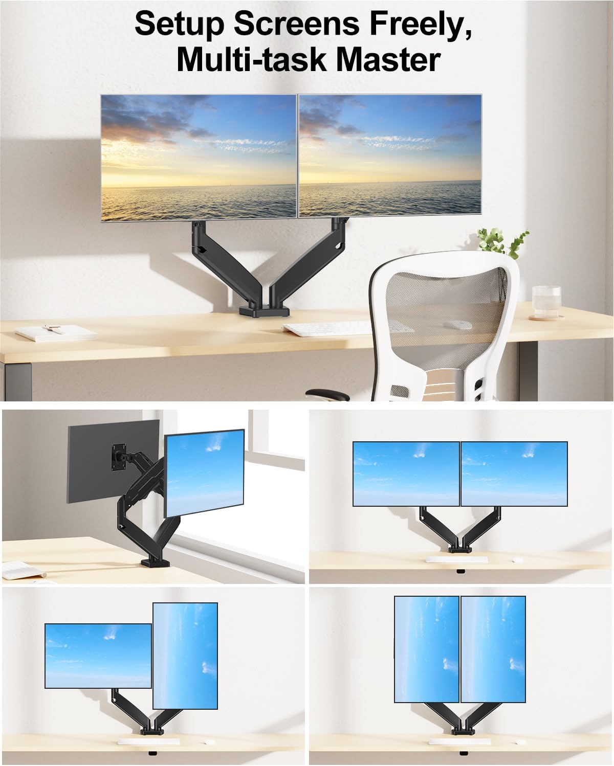 MOUNT PRO Dual Monitor Mount Fits 13 to 32 Inch Screen, Height Adjustable Monitor Stand for 2 Monitors, Full Motion Display Arm Holds up to 19.8lbs Each, Computer Desk VESA Mount, Black