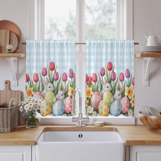 Easter Kitchen Tier Curtains 45 Inch Long 2 Panel Set, Rod Pocket Short Window