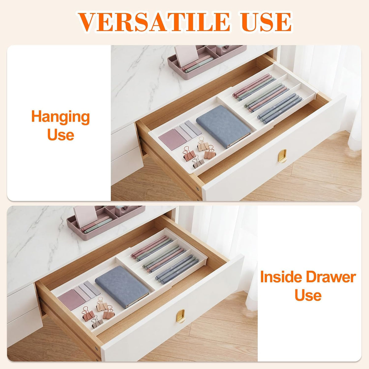 Briwooody 2 Pcs Hanging Sliding Drawer Tray with Adjustable Dividers