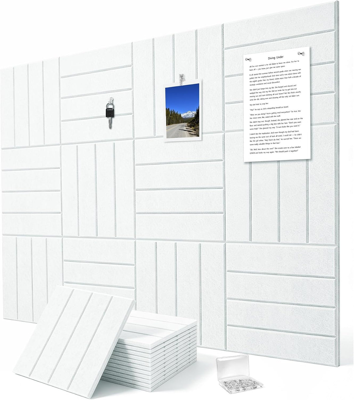 0.47" Thick Felt Wall Tiles 48"x36" Cork Board Alternative 12 Pack 11.81"x11.81"Felt Bulletin Board Pin Board with Removable Adhesive Tape&60 Pushpins for Home Office School(Bold-White)