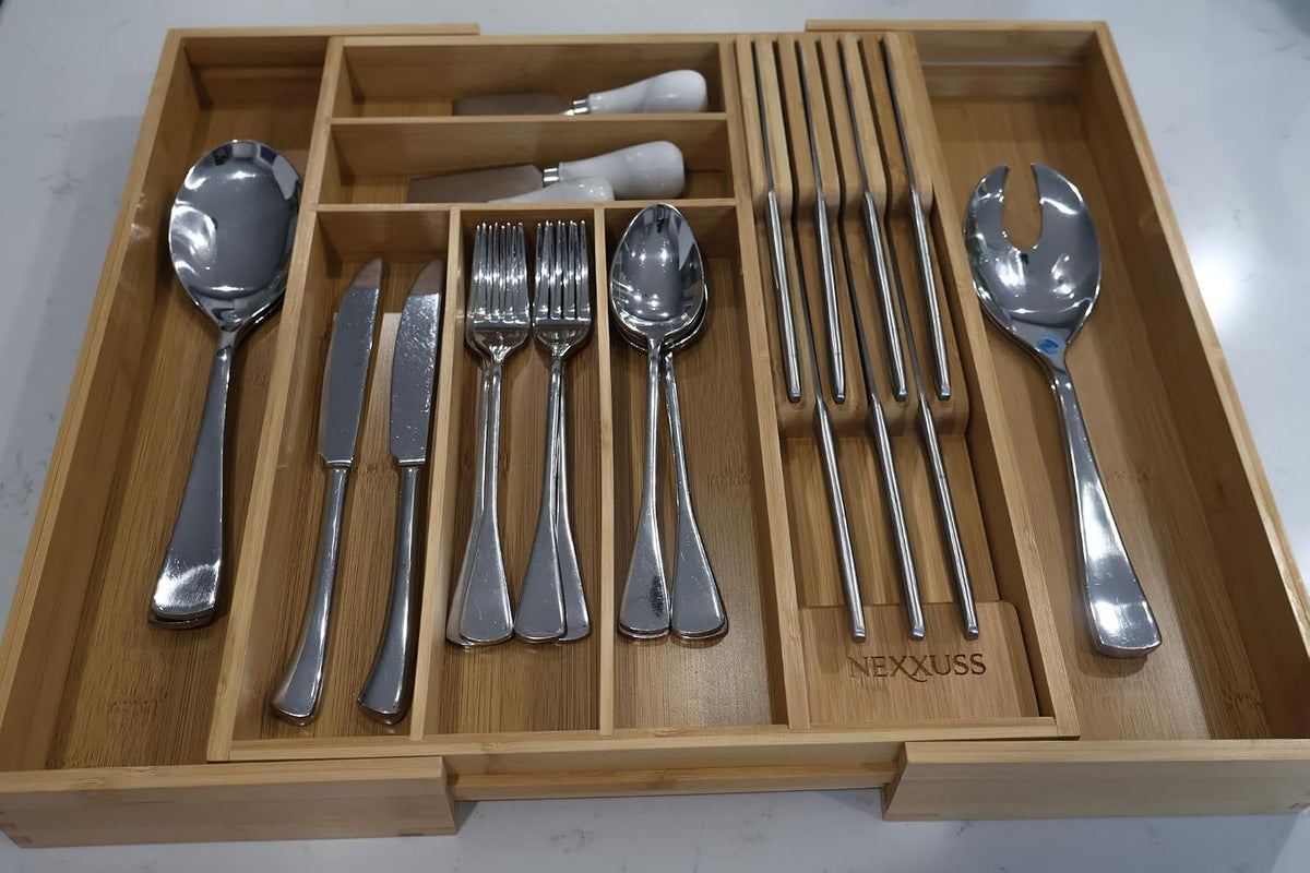 Nexxuss Bamboo Kitchen Drawer Organizer, Expandable Utensil Organizer with Removable Knife Block, Cutlery Tray Holder with Divider, Adjustable Silverware Organizer, Wood Tableware Dividers Storage