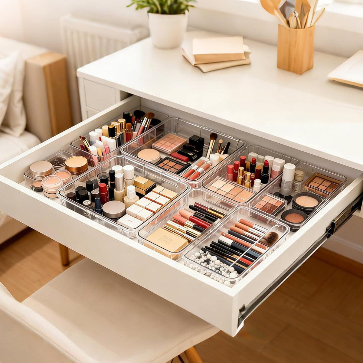 15 PCS Extendable Drawer Organizer Set Clear Stackable Vanity Storage Bins