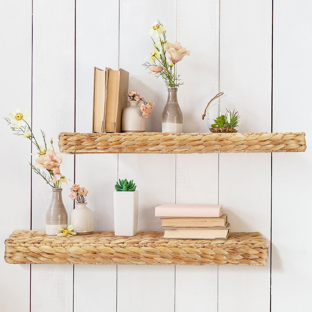 Pinkunn 2 Pack Handwoven Water Hyacinth Floating Wall Shelf 23.6 Inch Woven Wall Mounted Shelf Rustic Floating Shelves for Bathroom Bedroom Kitchen Living Room Storage Shelves Over Toilet