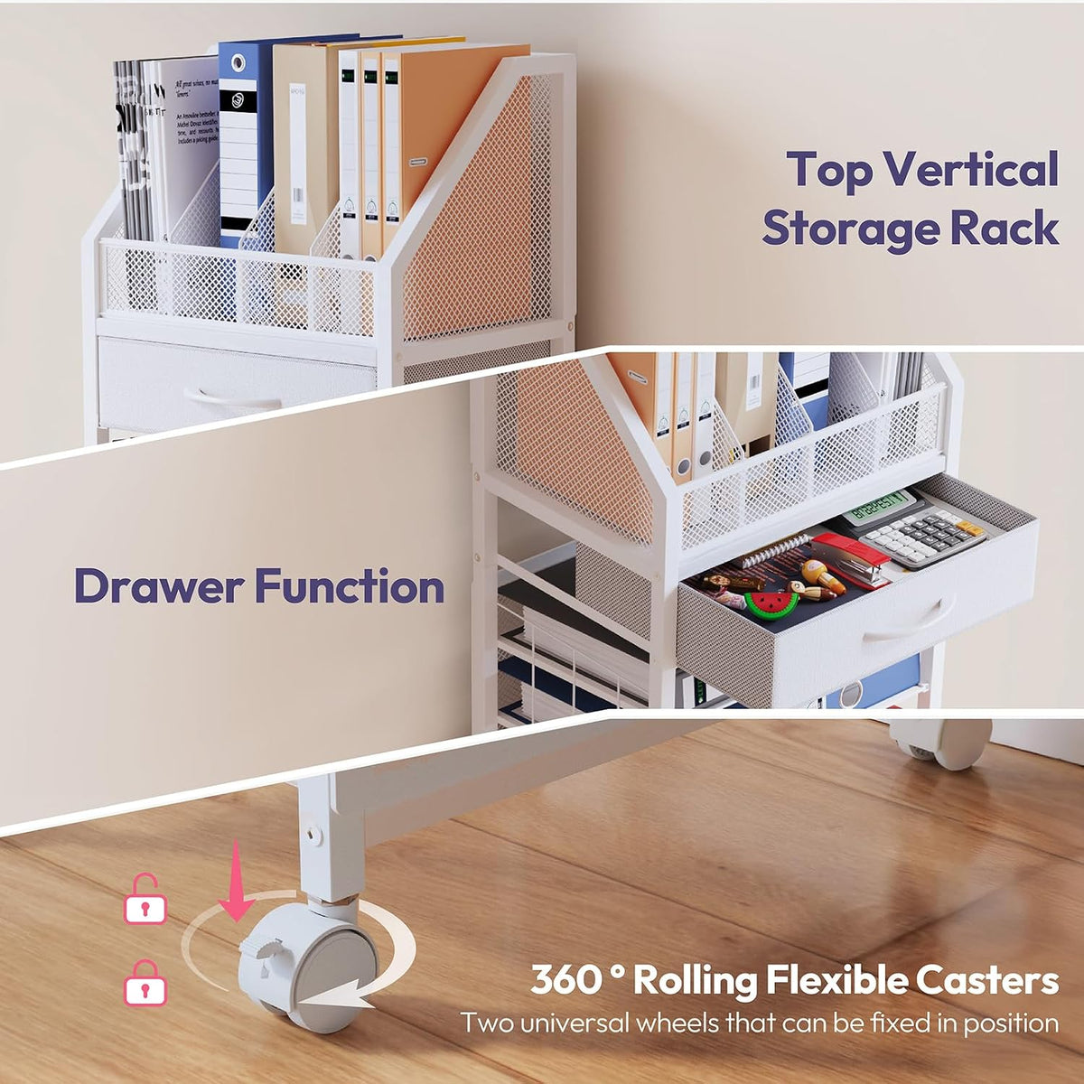 SWTYMIKI 9-Tier Rolling File Cart - Paper Organizer with Drawer and Trays, Wood Desk Office Organizer, Office Organization and Binder Storage for Workspace, Home, School, White