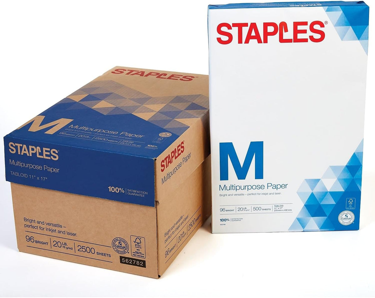 Staples Inkjet Paper, 11x17 Inch, 20 lb., 1 Carton of 5 Reams
