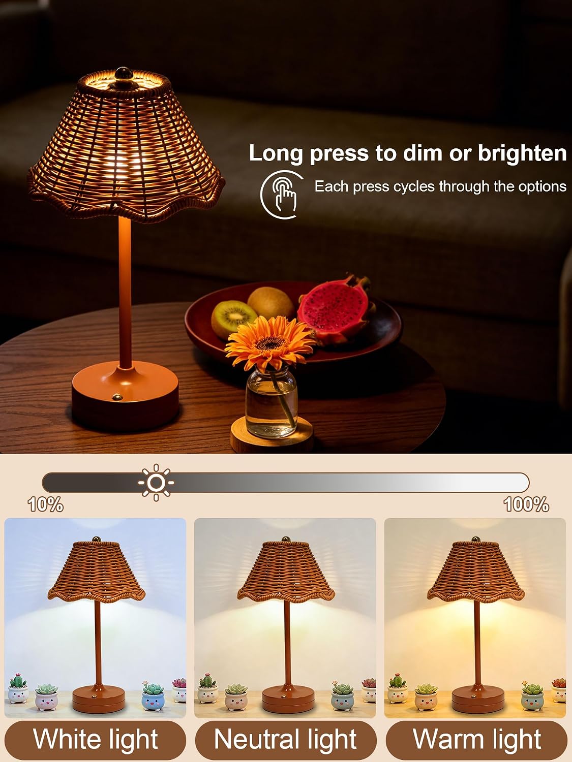 2 Pack Rattan Table Lamp,USB Rechargeable Cordless LED Desk Lamps