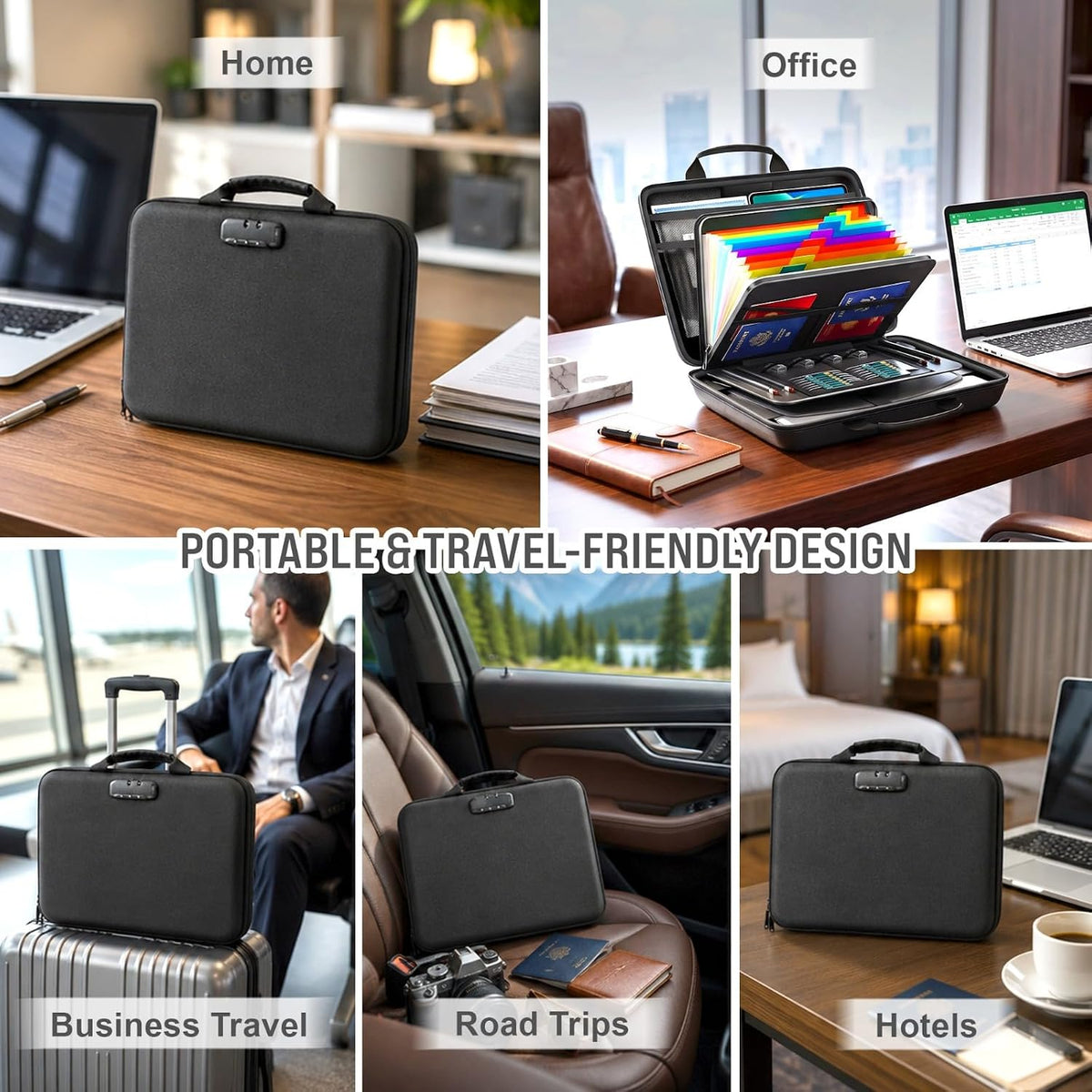 Fireproof Document Bag with Lock & Waterproof File Organizer, Portable Safe Box with 13 Pockets Accordion File Folder, Combination Lock Bag with Handle, Hard-Rubber Briefcase for Home, Office & Travel