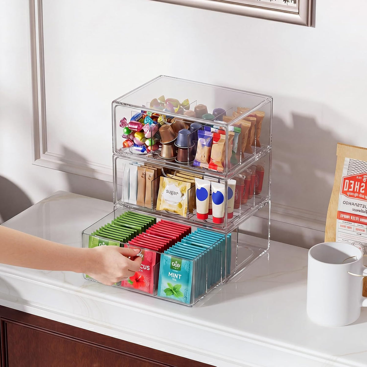 3 Pack Clear Tea Bag Organizer Drawer, Stackable Tea Storage Chest with Dividers for Kitchen, Pantry, Bathroom, Vanity, Countertop – Multi-Purpose Coffee, Cosmetic, Jewelry, Craft Acrylic Storage Bins