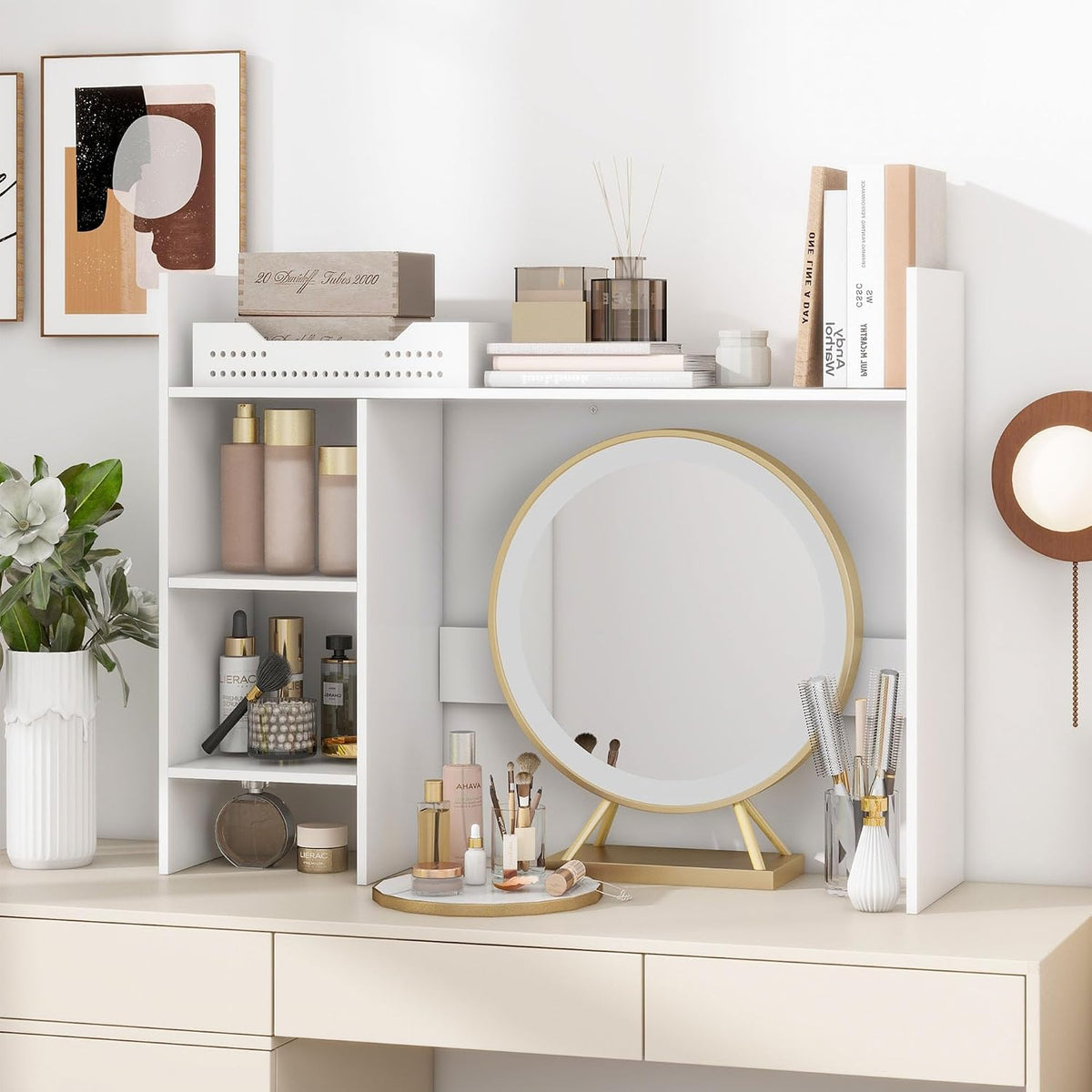 FTZxHKLX Desktop Bookshelf, 4 Tier Wooden Desk Storage Hutch, White